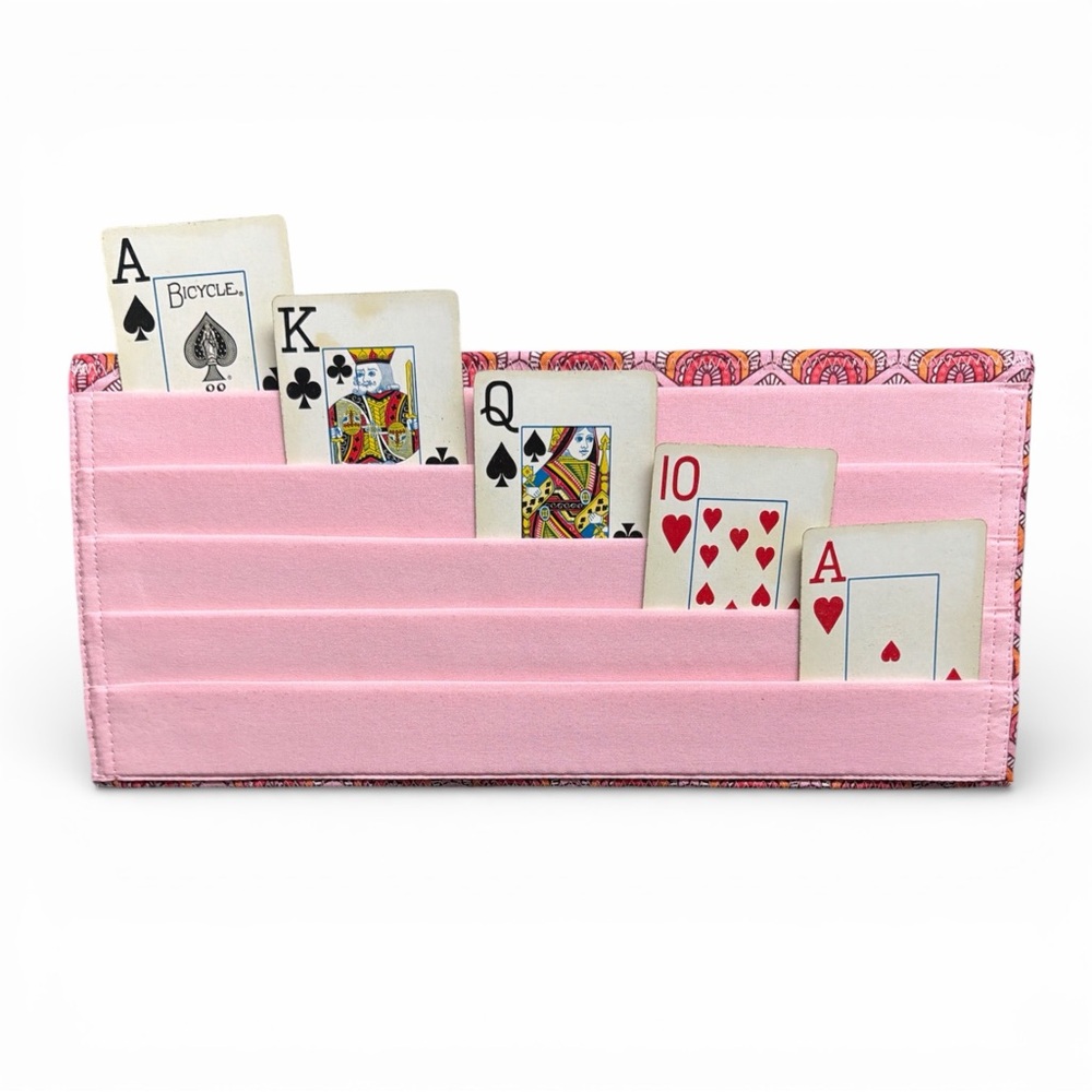 Hand Crafted Fabric Playing Card Holder 5 Pockets with Snap Closure 10.5” Pink - Picture 2 of 9